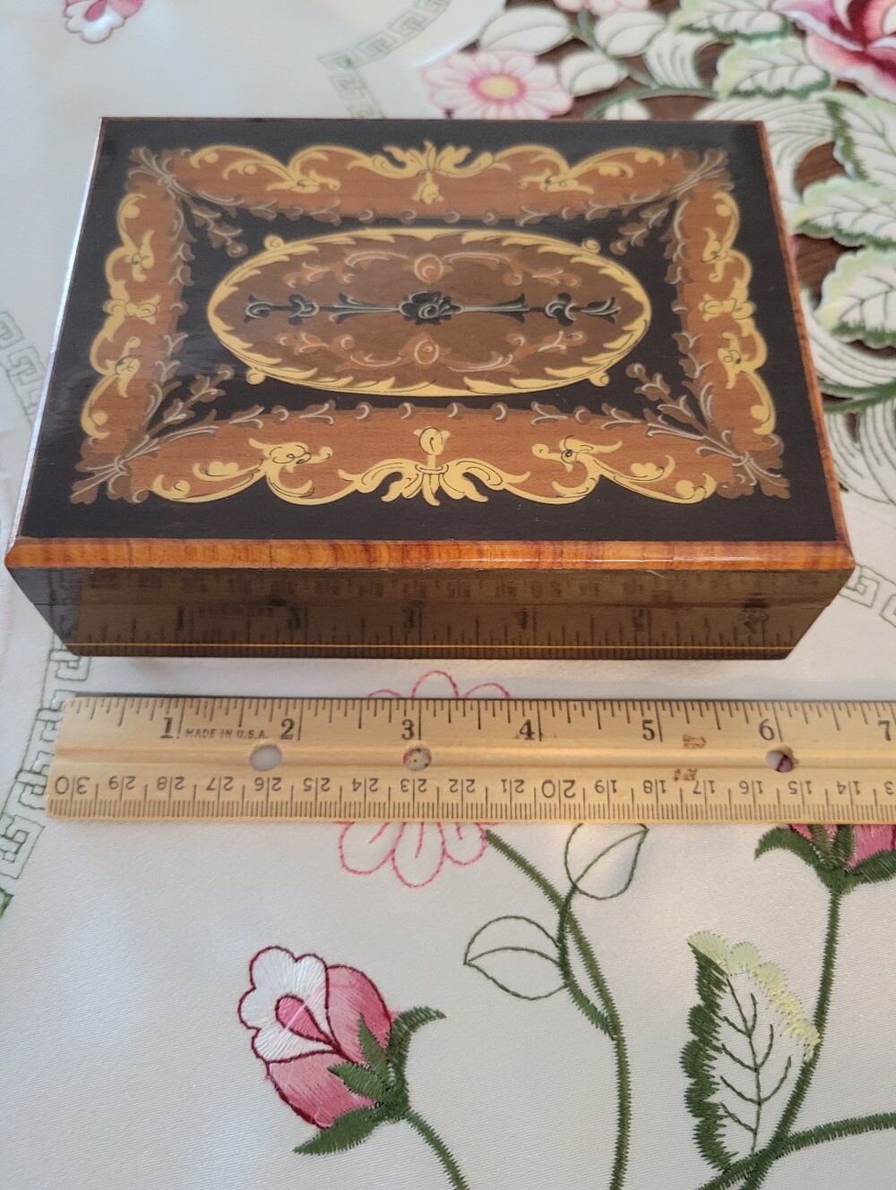 Vintage Musical ,Made In Italy  Inlaid Wooden Jewelry Box - Brown and Gold
